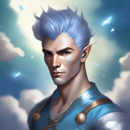 A detailed fantasy character portrait of a male Air Genasi, an elemental being with features representing their air heritage