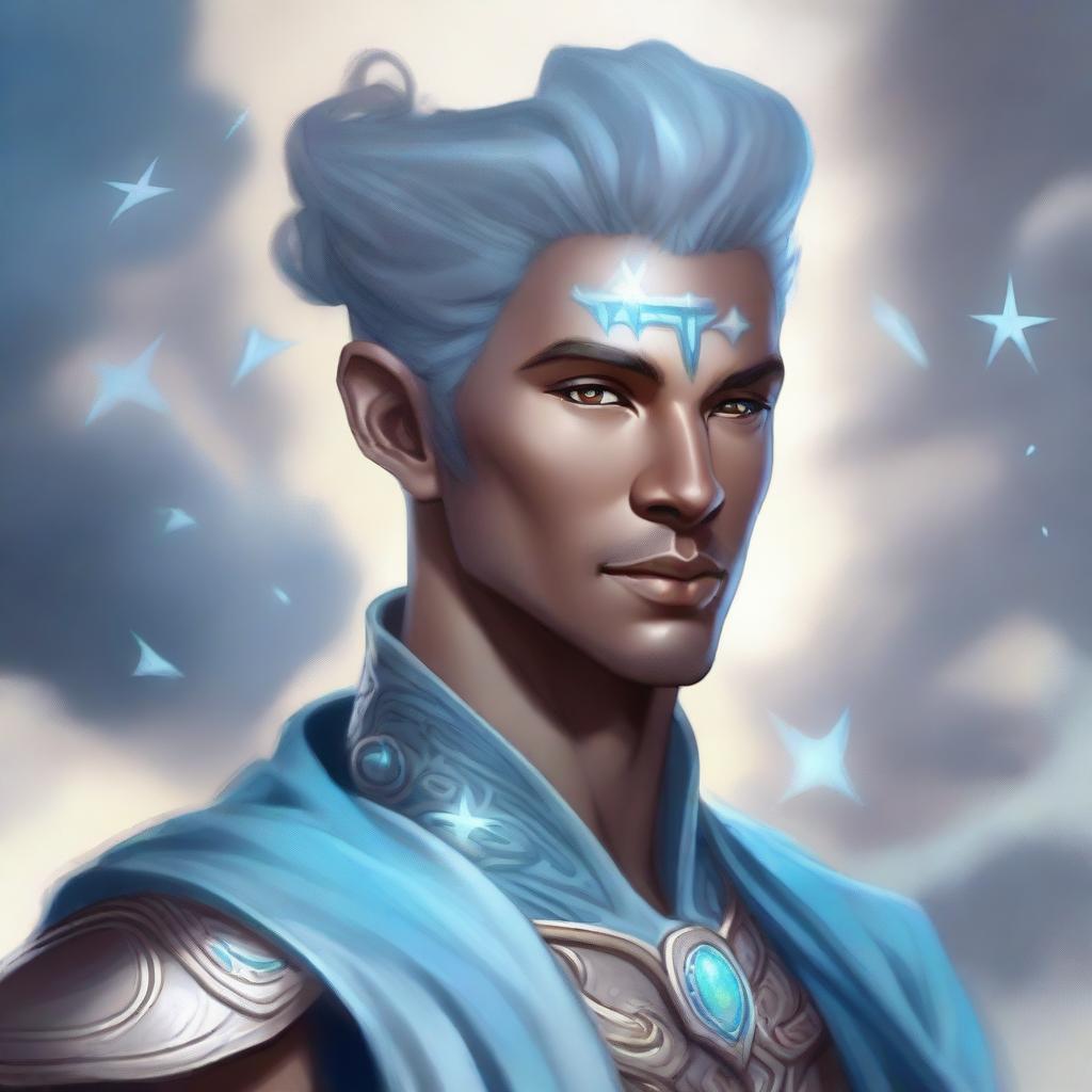 A detailed fantasy character portrait of a male Air Genasi, an elemental being with features representing their air heritage