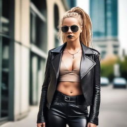 A confident blonde woman with dreadlocks, wearing a stylish leather outfit