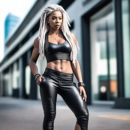 A sassy, fit woman with white dreadlocks, wearing a stylish leather outfit that highlights her 6-pack abs and very large breasts