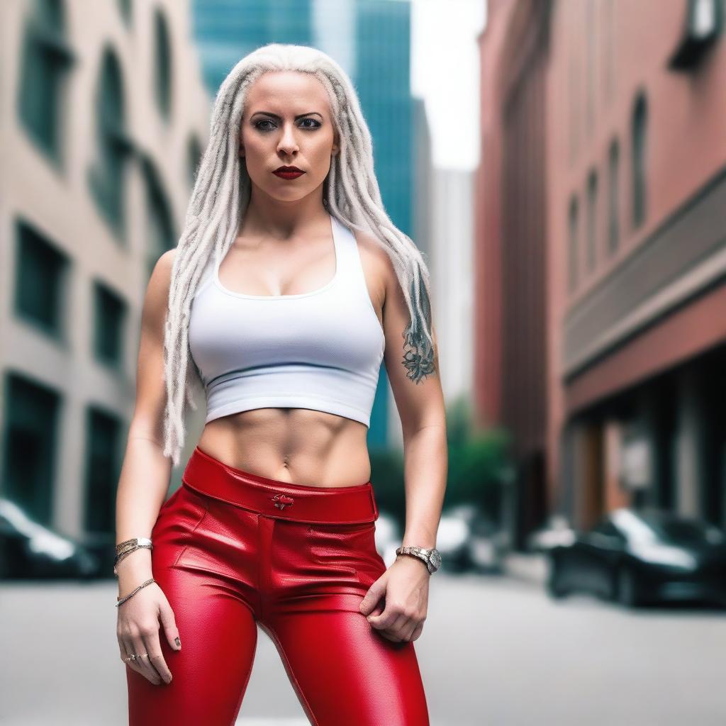 A fit white woman with white dreadlocks, wearing a striking red leather outfit that highlights her 6-pack abs and very large breasts