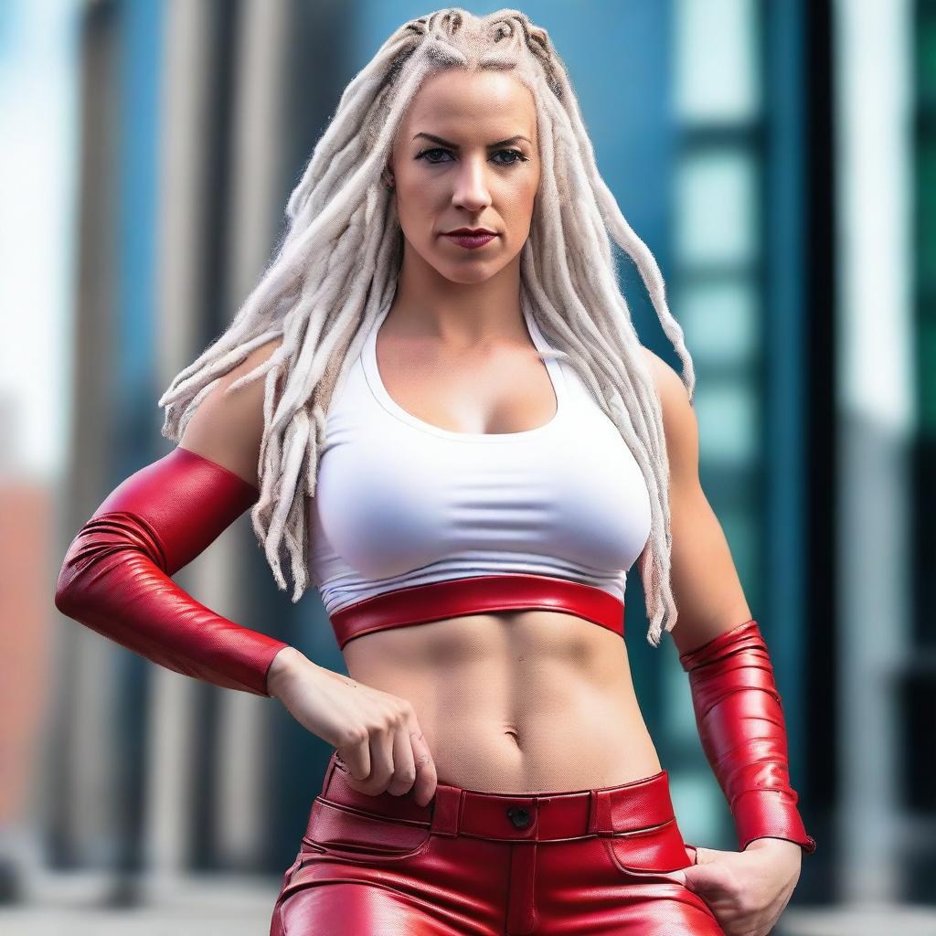 A fit white woman with white dreadlocks, wearing a striking red leather outfit that highlights her 6-pack abs and very large breasts