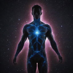A human figure composed entirely of bright, pulsating dark matter energy, radiating a cosmic glow.