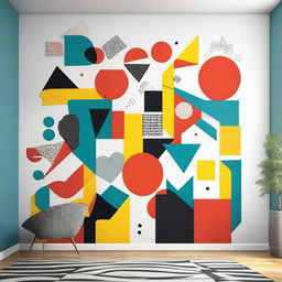 Create a contemporary mural art piece with graphic elements, featuring large geometric shapes and abstract designs inspired by board games