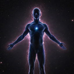 A human figure composed entirely of bright, pulsating dark matter energy, radiating a cosmic glow.