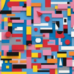 Create a contemporary mural art piece with graphic elements, featuring large geometric shapes and abstract designs inspired by board games and Legos