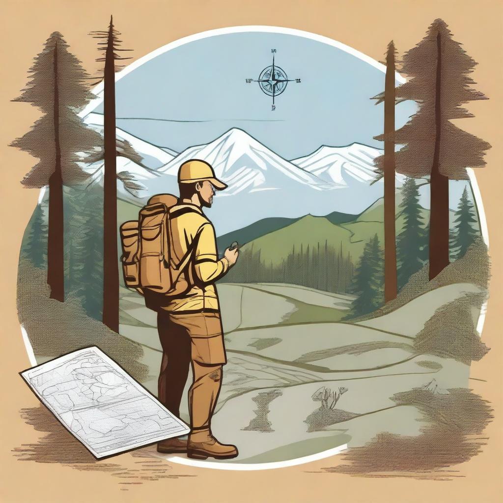 A detailed illustration of land navigation, featuring a compass, a topographic map, and a hiker in an outdoor setting