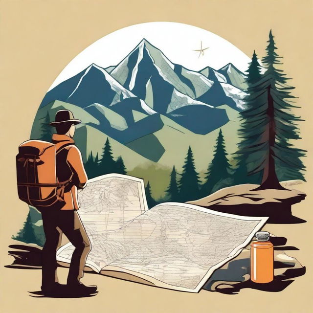 A detailed illustration of land navigation, featuring a compass, a topographic map, and a hiker in an outdoor setting