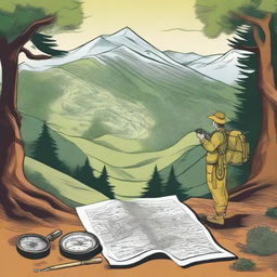 A detailed illustration of land navigation, featuring a compass, a topographic map, and a hiker in an outdoor setting