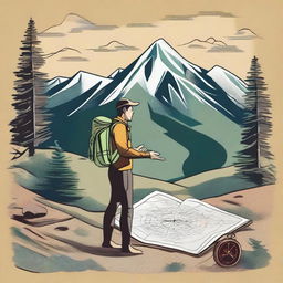 A detailed illustration of land navigation, featuring a compass, a topographic map, and a hiker in an outdoor setting