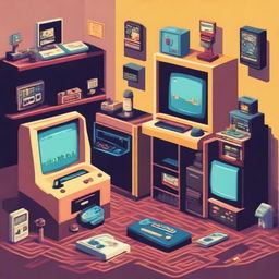 An artistic representation of the early days of video games, featuring iconic elements like pixelated characters, classic arcade machines, and retro gaming consoles