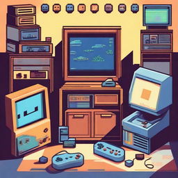 An artistic representation of the early days of video games, featuring iconic elements like pixelated characters, classic arcade machines, and retro gaming consoles