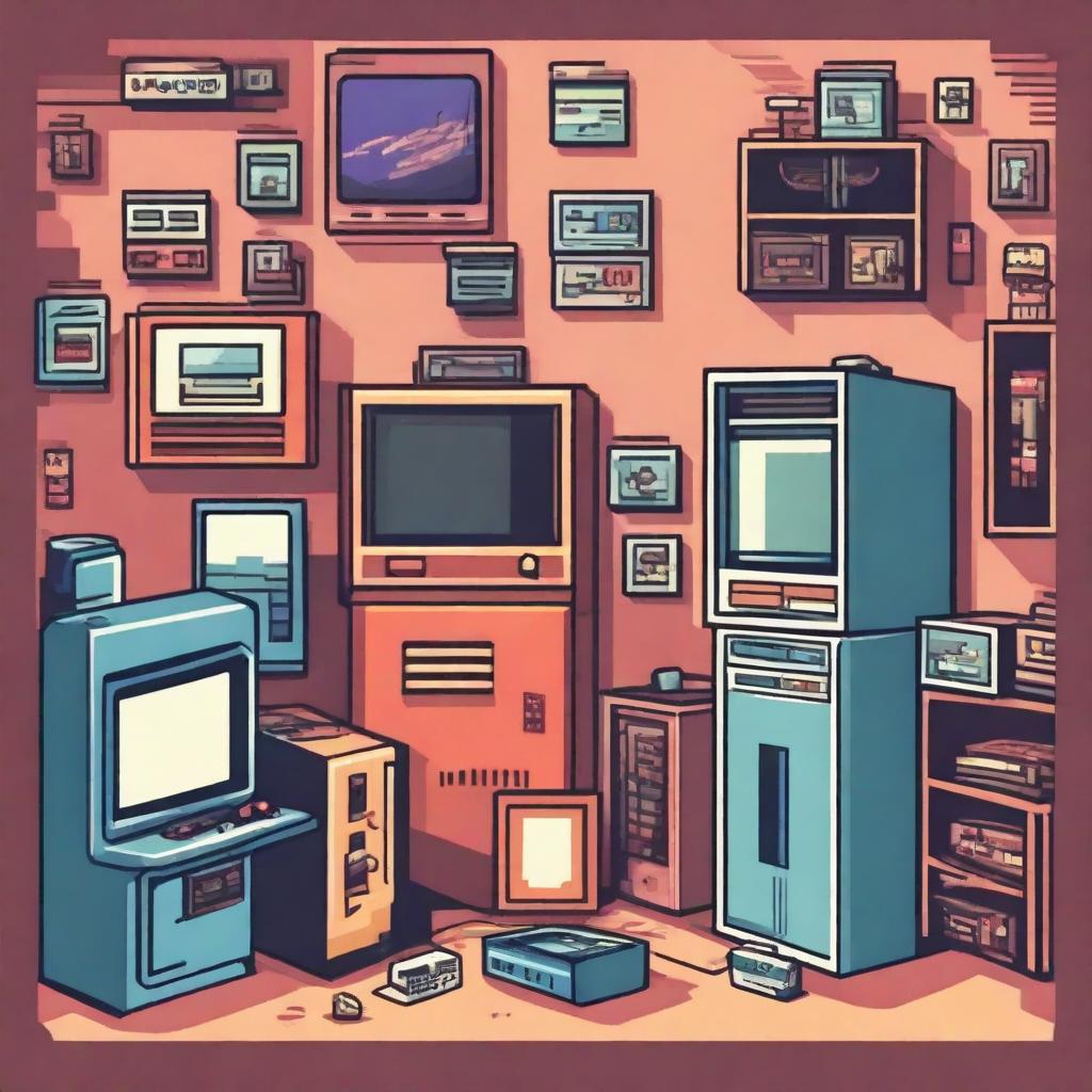 An artistic representation of the early days of video games, featuring iconic elements like pixelated characters, classic arcade machines, and retro gaming consoles