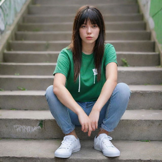 casual photograpy medium body, hip hop style clothes, sneakers, female , 23 year old with green eyes and black long hai with withe streaks in the bangs .,freckles, selfo, graffiti background stairs, medium distance shot, 4k hd,  --styerw--v 5.2 ar 2-3