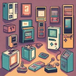 An artistic representation of the early days of video games, featuring iconic elements like pixelated characters, classic arcade machines, and retro gaming consoles