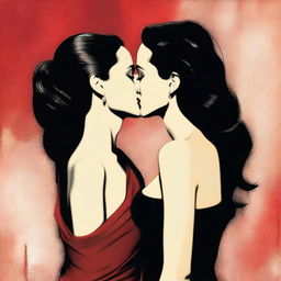 A realistic depiction of Angelina Jolie and Monica Bellucci sharing a kiss