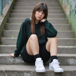 casual photograpy medium body, hip hop style clothes, sneakers, female , 23 year old with green eyes and black long hai with withe streaks in the bangs .,freckles, selfo, graffiti background stairs, medium distance shot, 4k hd,  --styerw--v 5.2 ar 2-3