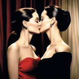 A realistic depiction of Angelina Jolie and Monica Bellucci sharing a kiss