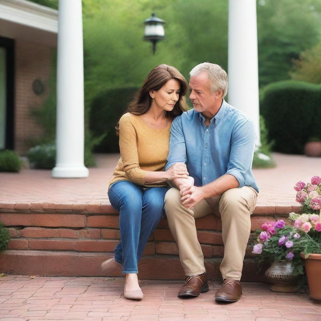 A 42-year-old Caucasian couple with dark hair is dressed casually and comforting each other during a stressful time