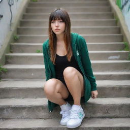 casual photograpy medium body, hip hop style clothes, sneakers, female , 23 year old with green eyes and black long hai with withe streaks in the bangs .,freckles, selfo, graffiti background stairs, medium distance shot, 4k hd,  --styerw--v 5.2 ar 2-3