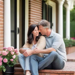 A 42-year-old Caucasian couple with dark hair is dressed casually and comforting each other during a stressful time