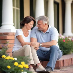 A 42-year-old Caucasian couple with dark hair is dressed casually and comforting each other during a stressful time