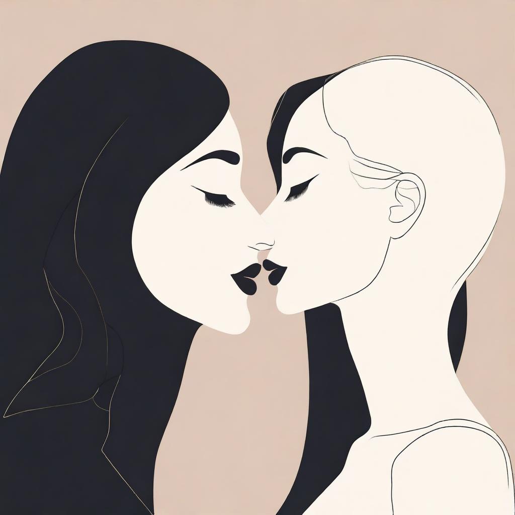 A minimalistic design featuring two women sharing a kiss
