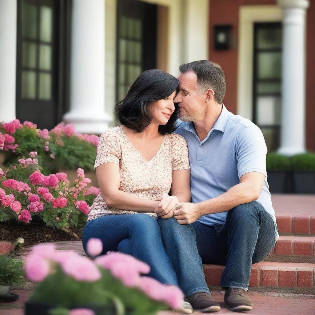 A 42-year-old Caucasian couple with black hair is dressed casually and comforting each other during a stressful time