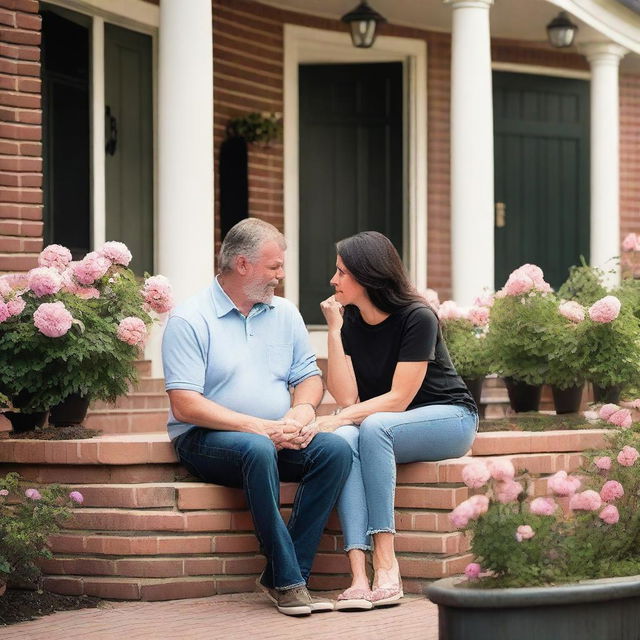 A 42-year-old Caucasian couple with black hair is dressed casually and comforting each other during a stressful time