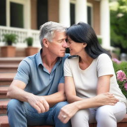 A 42-year-old Caucasian couple with black hair is dressed casually and comforting each other during a stressful time