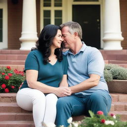 A 42-year-old Caucasian couple with black hair is dressed casually and comforting each other during a stressful time