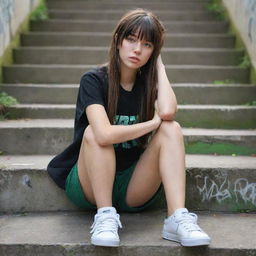 casual photograpy medium body, hip hop style clothes, sneakers, female , 23 year old with green eyes and black long hai with withe streaks in the bangs .,freckles, selfo, graffiti background stairs, medium distance shot, 4k hd,  --styerw--v 5.2 ar 2-3