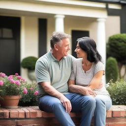 A 42-year-old attractive Caucasian couple with black hair is dressed casually and comforting each other during a stressful time