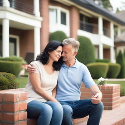 A 42-year-old attractive Caucasian couple with black hair is dressed casually and comforting each other during a stressful time