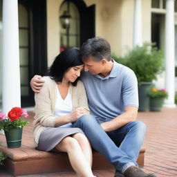 A 42-year-old attractive Caucasian couple with black hair is dressed casually and comforting each other during a stressful time