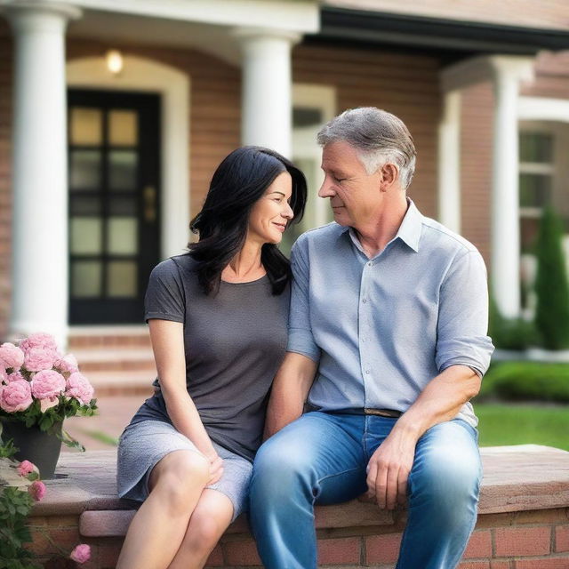 A 42-year-old attractive Caucasian couple with black hair is dressed casually and comforting each other during a stressful time