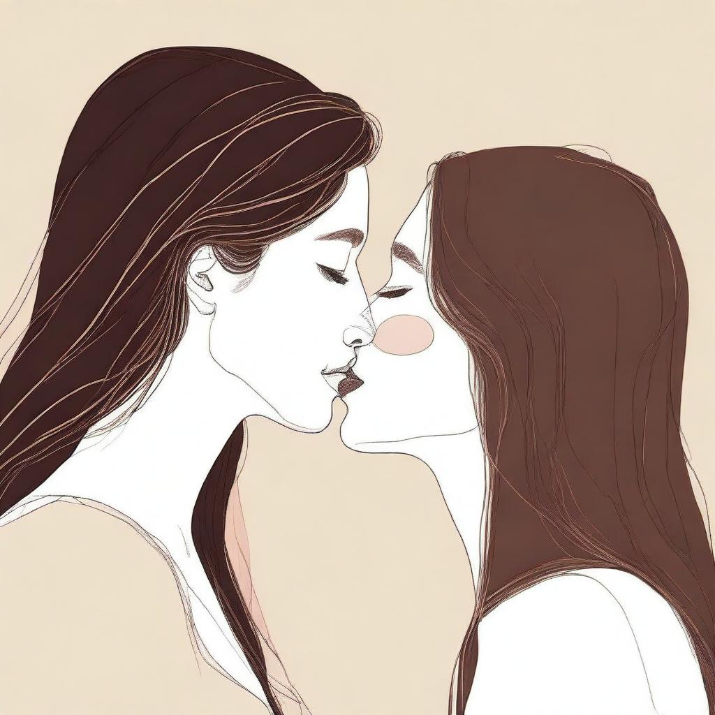 A minimalistic yet realistic design featuring two women with long brown hair sharing a kiss