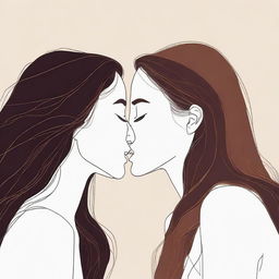 A minimalistic yet realistic design featuring two women with long brown hair sharing a kiss