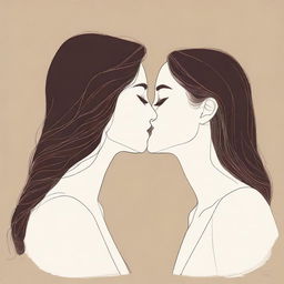 A minimalistic yet realistic design featuring two women with long brown hair sharing a kiss