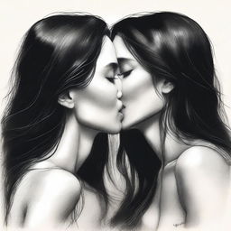 A realistic design featuring two women with long dark hair sharing a kiss