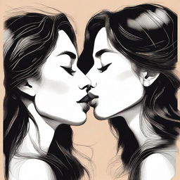 A realistic design featuring two women with long dark hair sharing a kiss