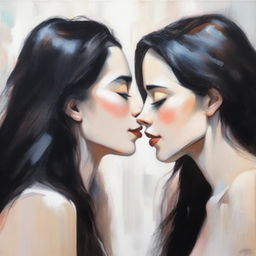 A heartfelt image featuring two women with long dark hair sharing a kiss