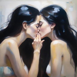 A heartfelt image featuring two women with long dark hair sharing a kiss