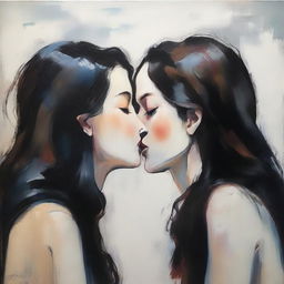 A heartfelt image featuring two women with long dark hair sharing a kiss