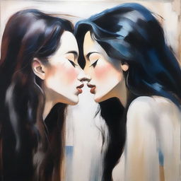 A heartfelt image featuring two women with long dark hair sharing a kiss