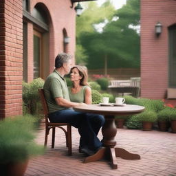 A 42-year-old Caucasian couple with dark hair is dressed casually and comforting each other during a stressful time