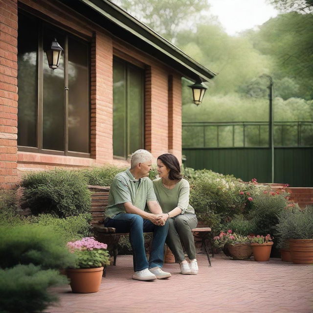 A 42-year-old Caucasian couple with dark hair is dressed casually and comforting each other during a stressful time