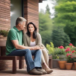 A 42-year-old Caucasian couple with dark hair is dressed casually and comforting each other during a stressful time