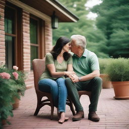 A 42-year-old Caucasian couple with dark hair is dressed casually and comforting each other during a stressful time