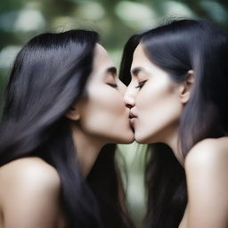 A photograph featuring two women with long dark hair sharing a kiss